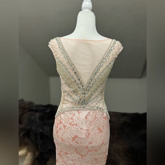 Custom Design Sample, Stunning Beads/Rhinestones Jacquard Brocade Fishtail Gown - Picture 11 of 15